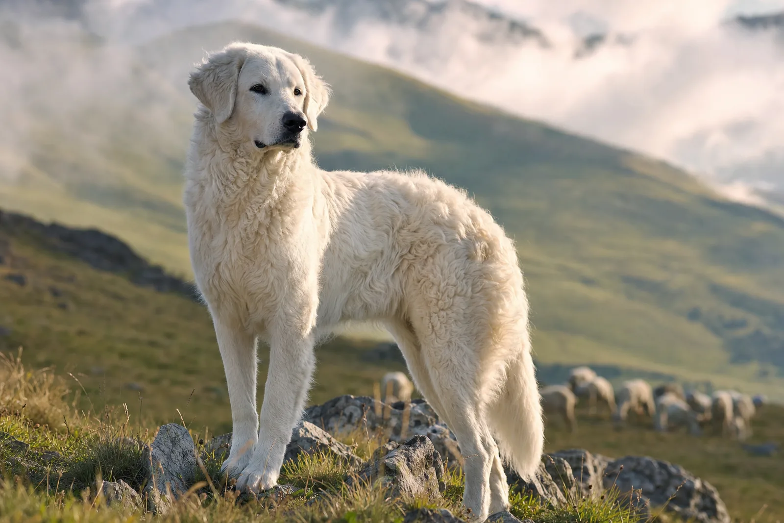 Erwachsener Kuvasz mit weissem, leicht gewelltem Fell auf einer Alpweide