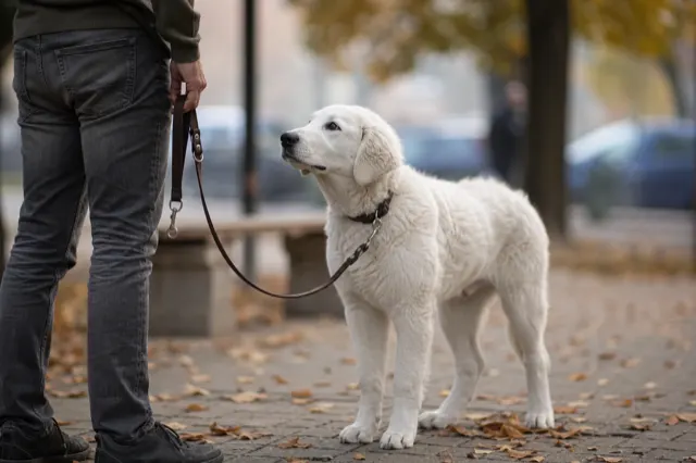 Junger Kuvasz wird an der Leine sozialisiert