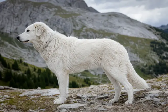Erwachsener Kuvasz im Profil, athletischer Körperbau nach FCI-Standard