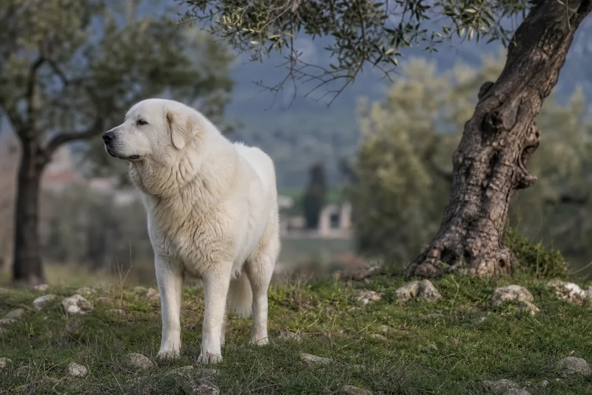 Maremmano-Abruzzese mit grobem, struppigerem weissem Fell in italienischer Olivenhain-Landschaft