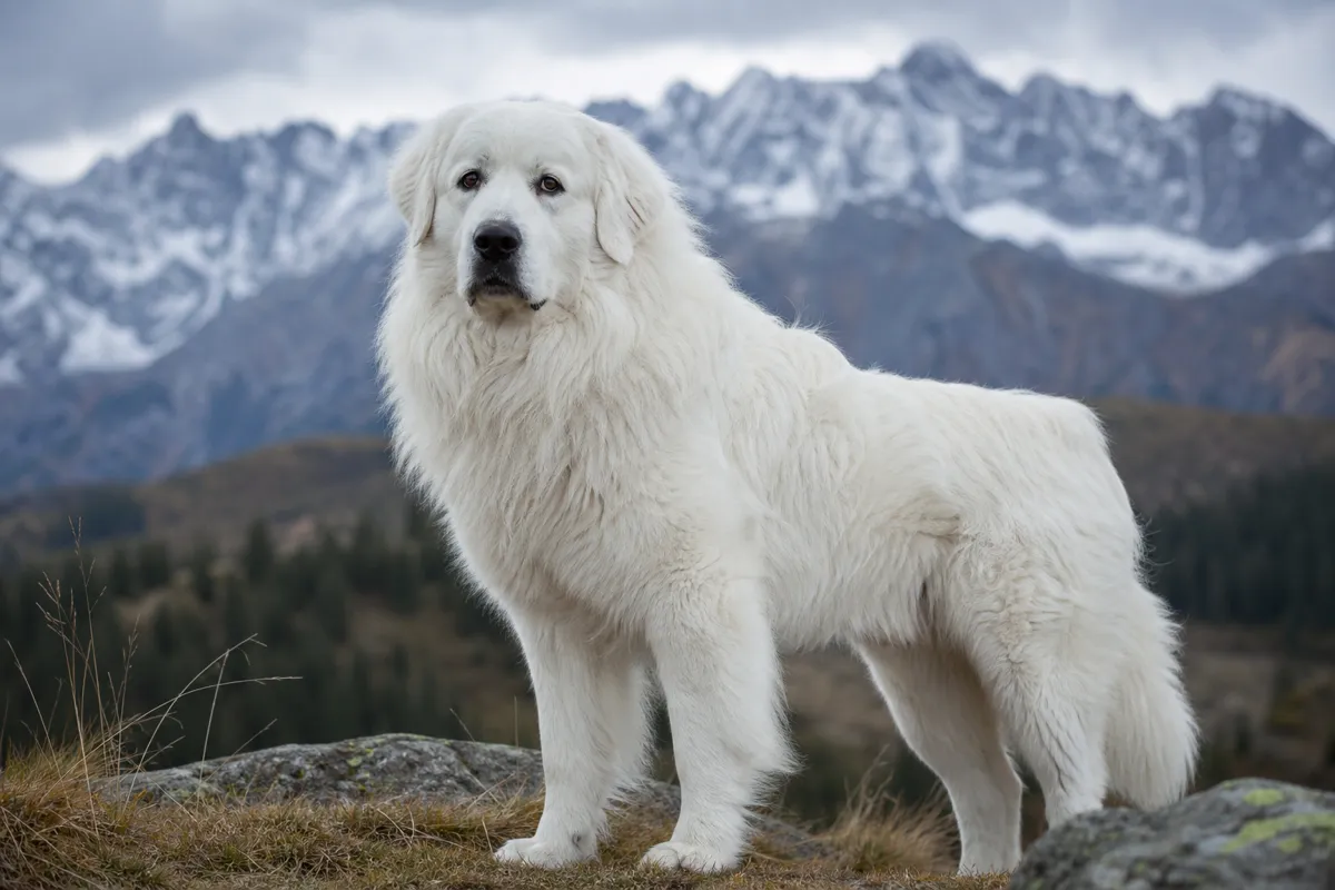 Tatra-Schäferhund mit sehr dichtem, geradem weissem Fell und bärenhaftem Kopf vor der Tatra-Bergkulisse